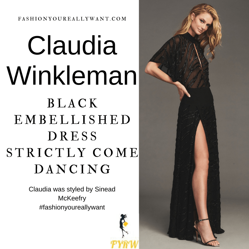 Claudia Winkleman Wore This on Strictly Come Dancing Launch Show September 2021 where to get her outfits black chiffon sequin embellished dress gold court shoes