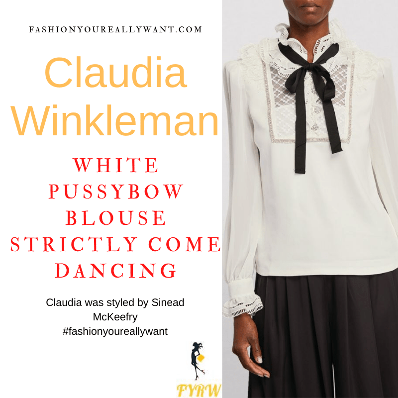 Claudia Winkleman Wore This on Strictly Come Dancing Launch Show September 2021 where to get her outfits white lace pussybow blouse white trousers