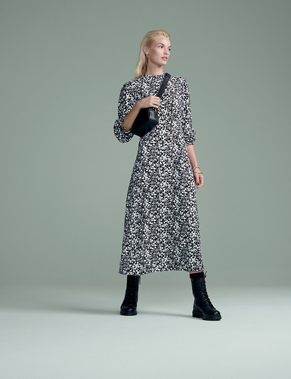 Floral High Neck Midi Tea Dress