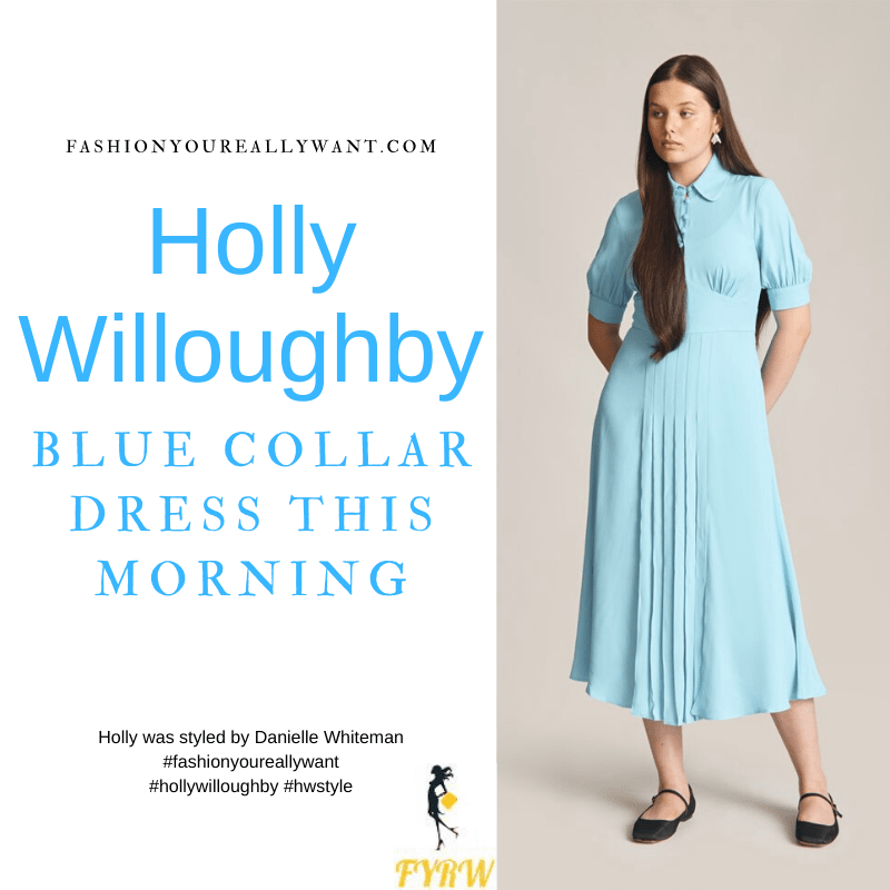 Where to get all Holly Willoughby This Morning outfits dresses blog September 2021 blue collar covered button pleat front midi dress nude suede court shoes