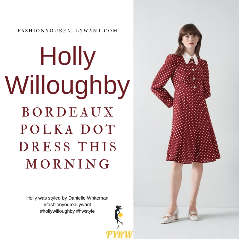 Where to get all Holly Willoughby This Morning outfits dresses blog September 2021 dark red and cream polka dot dress with white collar and crystal buttons nude suede court shoes