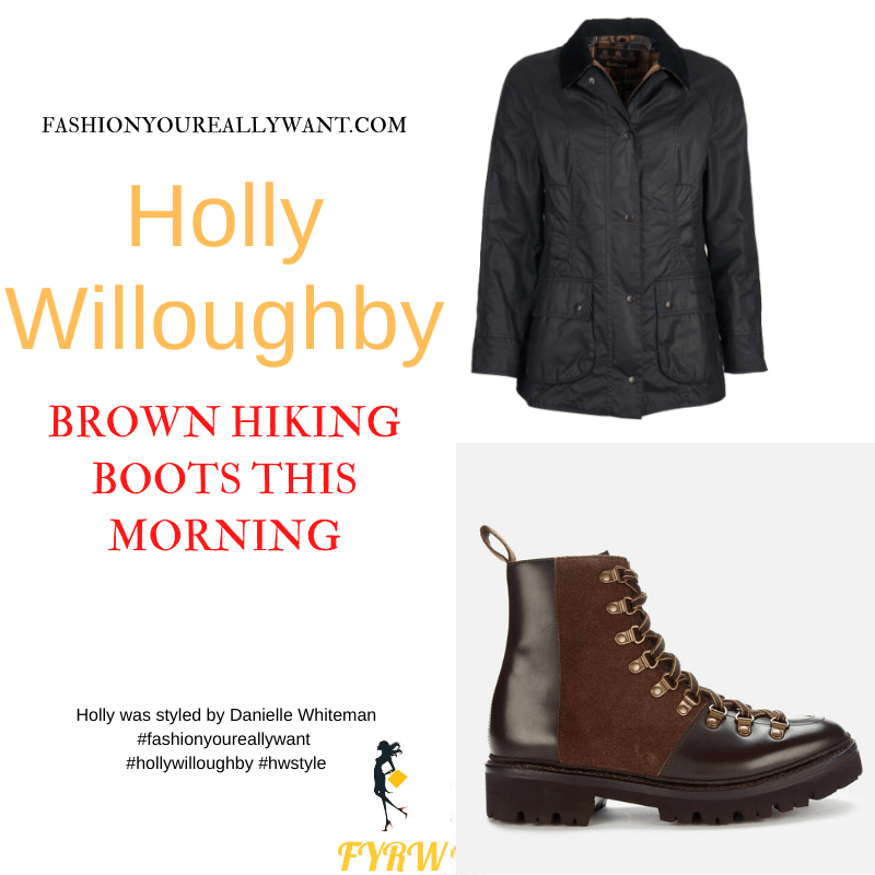 Where to get all Holly Willoughby This Morning outfits dresses blog September 2021 brown hiking botts beige embroidered cardigan blue jeans blue wax jacket tartan lining