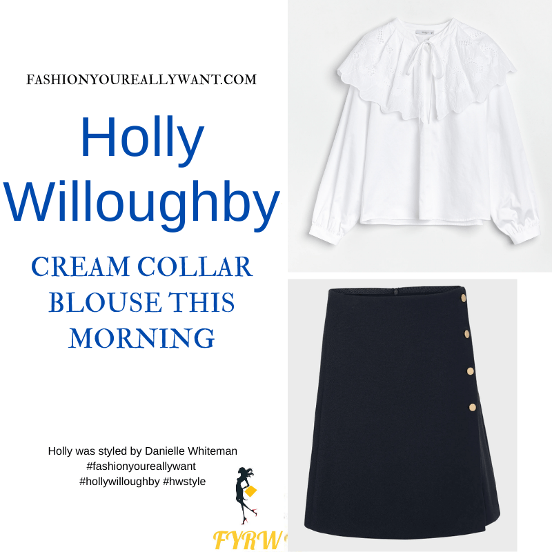 Where to get all Holly Willoughby This Morning outfits dresses blog September 2021 cream blouse with embroidered collar navy mini skirt with buttons navy suede court shoes