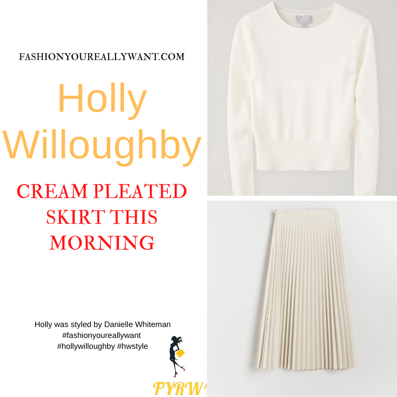 Where to get all Holly Willoughby This Morning outfits dresses blog September cream pleated skirt white knit nude suede court shoes