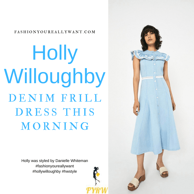 Where to get all Holly Willoughby This Morning outfits dresses blog September 2021 blue denim frill yoke lace dress nude suede sandals