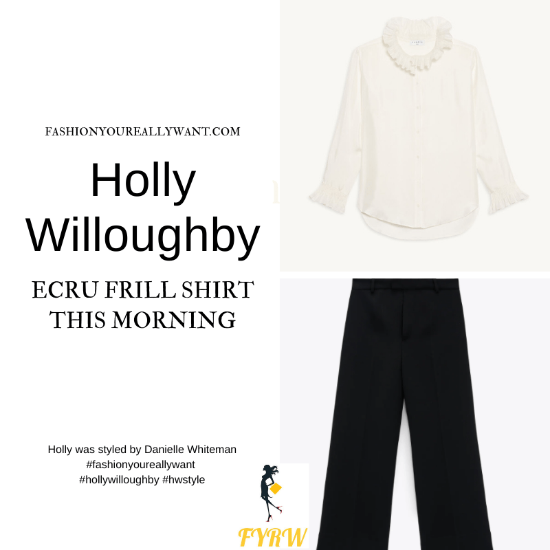 Where to get all Holly Willoughby This Morning outfits dresses blog September 2021 ecru frill neck cuff shirt black knit tank top black culottes black suede court shoes