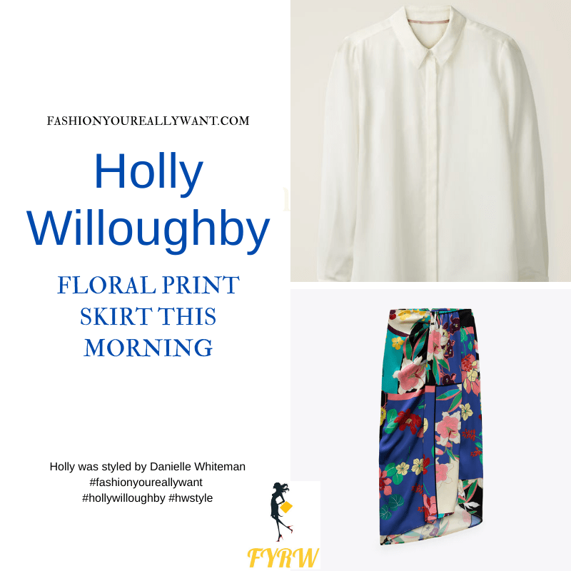 Where to get all Holly Willoughby This Morning outfits dresses blog September 2021 ivory shirt multi floral skirt black suede sandals