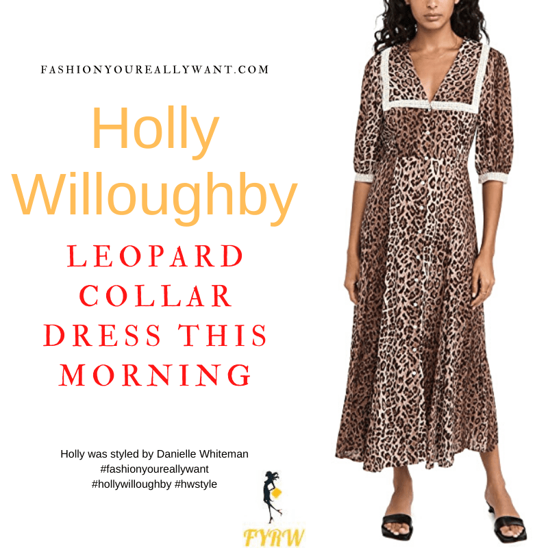 Where to get all Holly Willoughby This Morning outfits dresses blog September 2021 leoprd button front dress square collar white crochet trim black suede court shoes