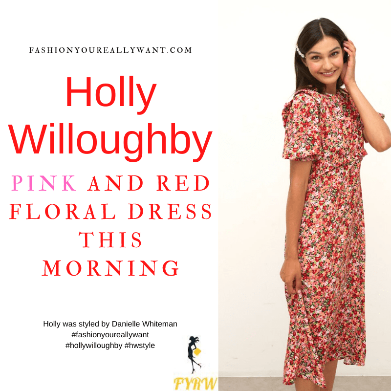 Where to get all Holly Willoughby This Morning outfits dresses blog September 2021 pink and red floral puff sleeve midi dress nude suede court shoes