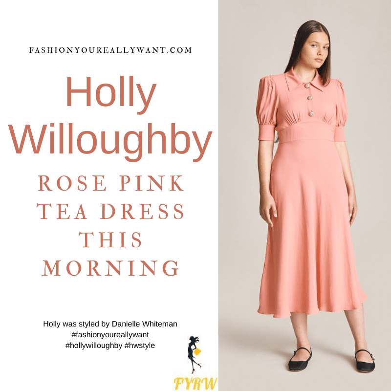 Where to get all Holly Willoughby This Morning outfits dresses blog September 2021 pink short sleeve midi dress crystal buttons nude suede sandals