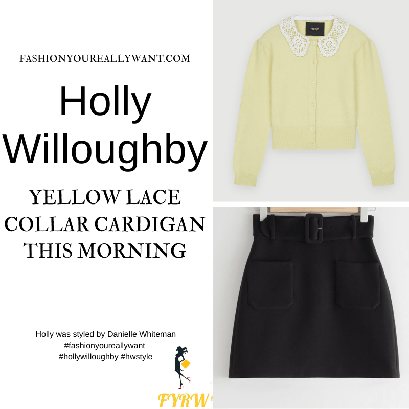 Where to get all Holly Willoughby This Morning outfits dresses blog September 2021 yellow cardigan with lace collar black belted mini skirt black court shoes