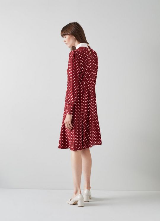 LK Bennett Mathilde Bordeaux and Cream Polka Dot Silk Tea Dress back view