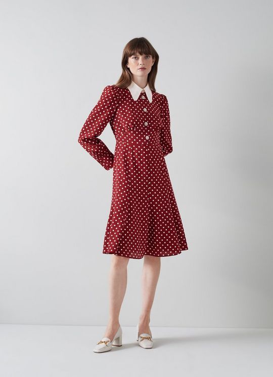 LK Bennett Mathilde Bordeaux and Cream Polka Dot Silk Tea Dress