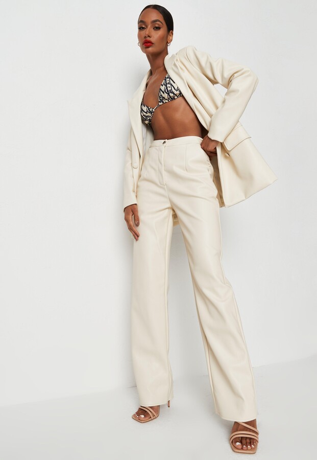 Missguided Cream Faux Leather Straight Leg Trousers