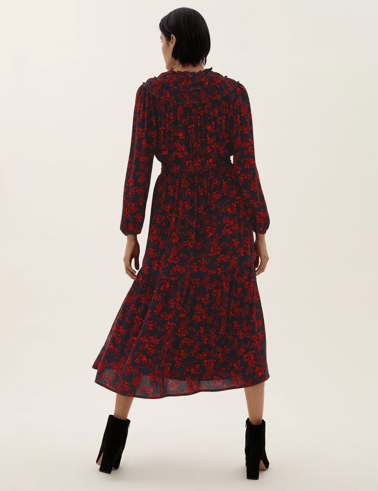 M&S The Floral Waisted Midi Dress back view