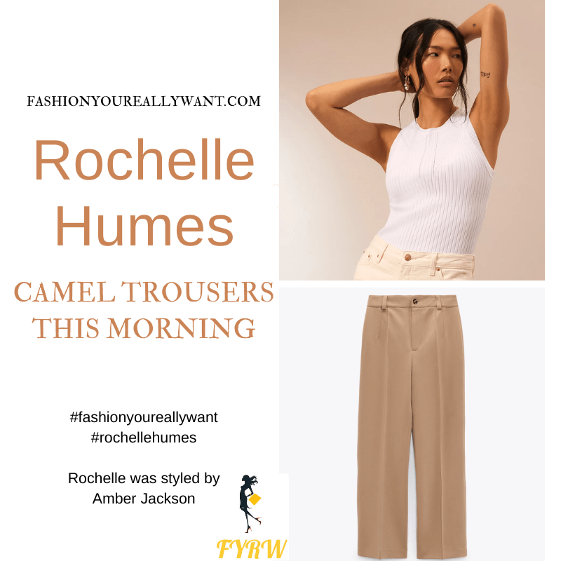 Where to get all Rochelle Humes This Morning outfits blog September 2021 camel trouser white knit top striped shirt cream mules