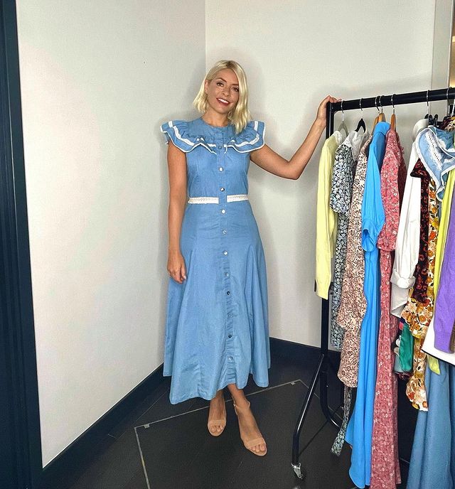 where to get all holly Willoughby This Morning dresses blue denim frill yoke dress nude suede sndals 7 September 2021 Photo Holly Willoughby