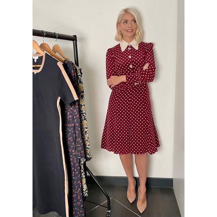 where to get all Holly Willoughby This Morning dresses red bordeaux cream polka dot dress with collar nude suede court shoes 15 September 2021 Photo Holly Willoughby