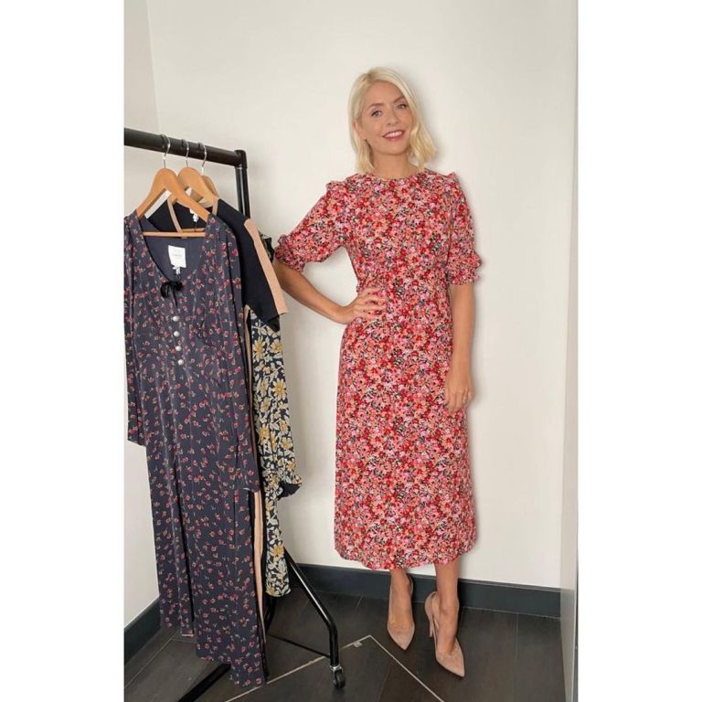 where to get all Holly Willoughy This Morning dresses pink and red floral midi dress nude sude court shoes 16 September 2021 Photo Holly Willoughby