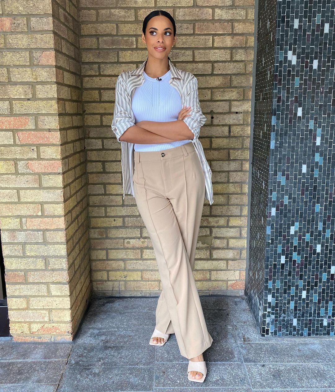 where to get all Rochelle Humes This Morning outfits sand trousers white kit striped shirt nude mules 2 September 2021 Photo Rochelle Humes
