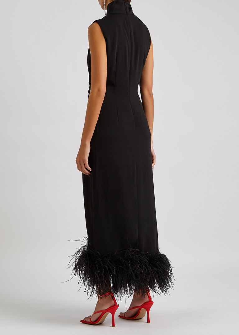 16 Arlington Maika Black Feather-trimmed Midi Dress back view
