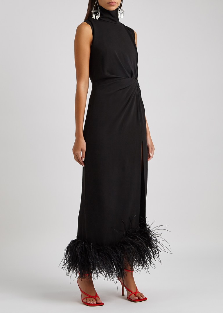 16 Arlington Maika Black Feather-trimmed Midi Dress