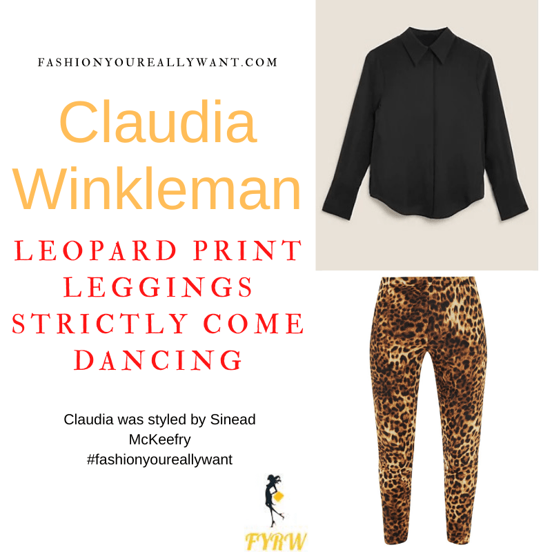 Claudia Winkleman Strictly Come Dancing Week 5 Results October 2021 where to get her outfits leopard print cropped leggings black shirt leopard court shoes