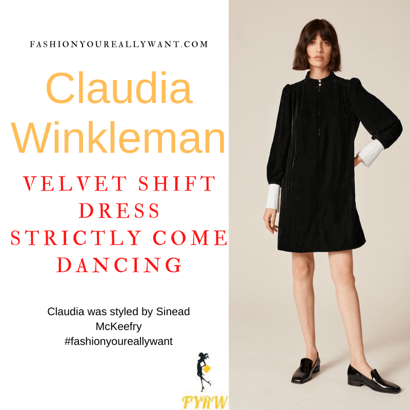 Claudia Winkleman Strictly Come Dancing Week 6 Results October 2021 where to get her outfits black velvet dress white cuffs