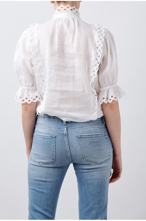 FRAME Embroidered High Neck Blouse in Blanc back view