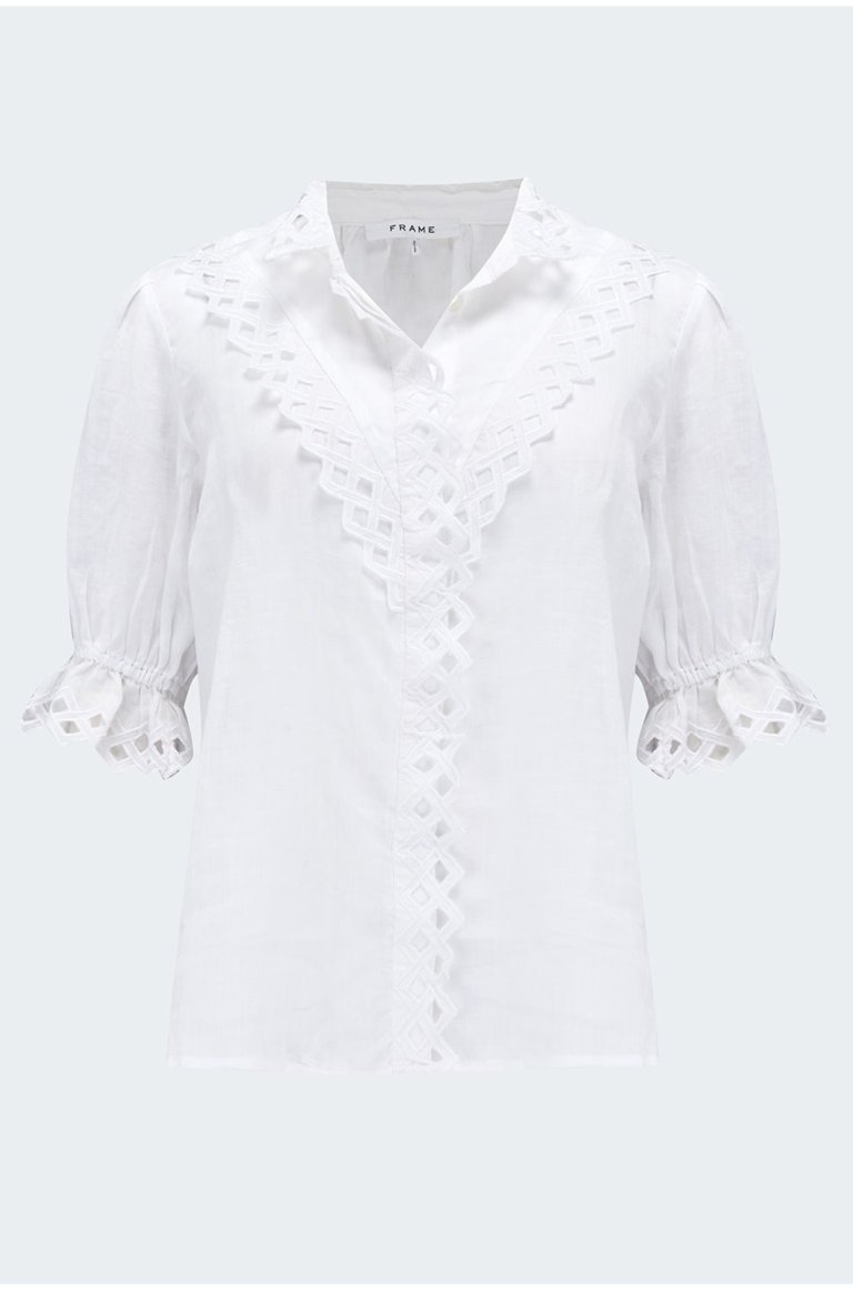 FRAME Embroidered High Neck Blouse in Blanc