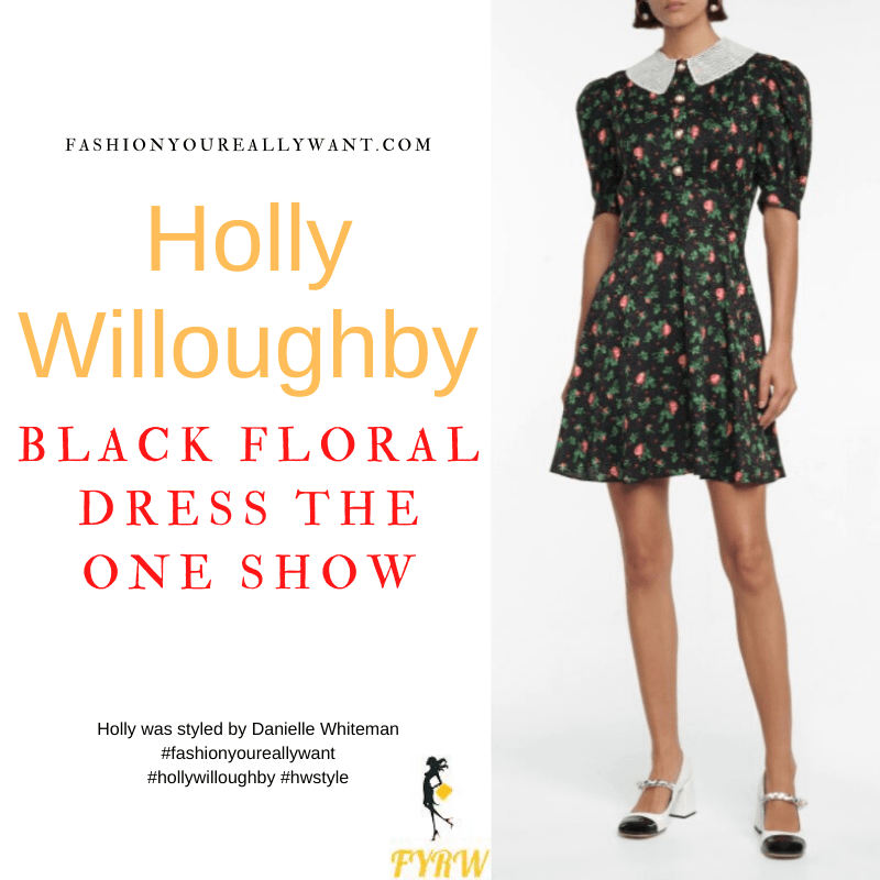Where to get all Holly Willoughby The One Show outfits dresses blog October 2021 black floral mini dress with white collar black patent Mary Jane shoes