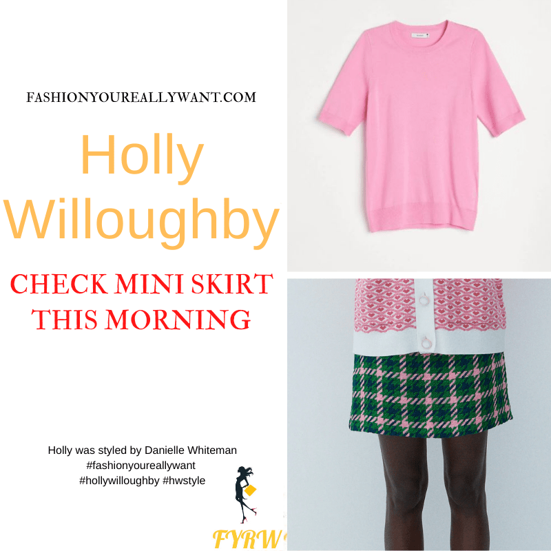 Where to get all Holly Willoughby This Morning outfits dresses blog October 2021 pink short sleeve knit green and pink check mini skirt nude suede court shoes