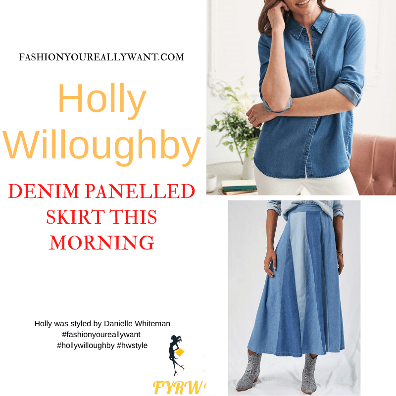 Where to get all Holly Willoughby This Morning outfits dresses blog October 2021 denim panelled skirt denim shirt nude suede court shoes