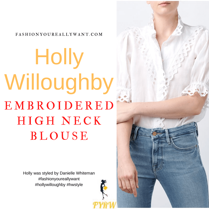 Where to get all Holly Willoughby outfits dresses blog October 2021 white short sleeve high neck embroidered cutwork blouse Wylde Moon