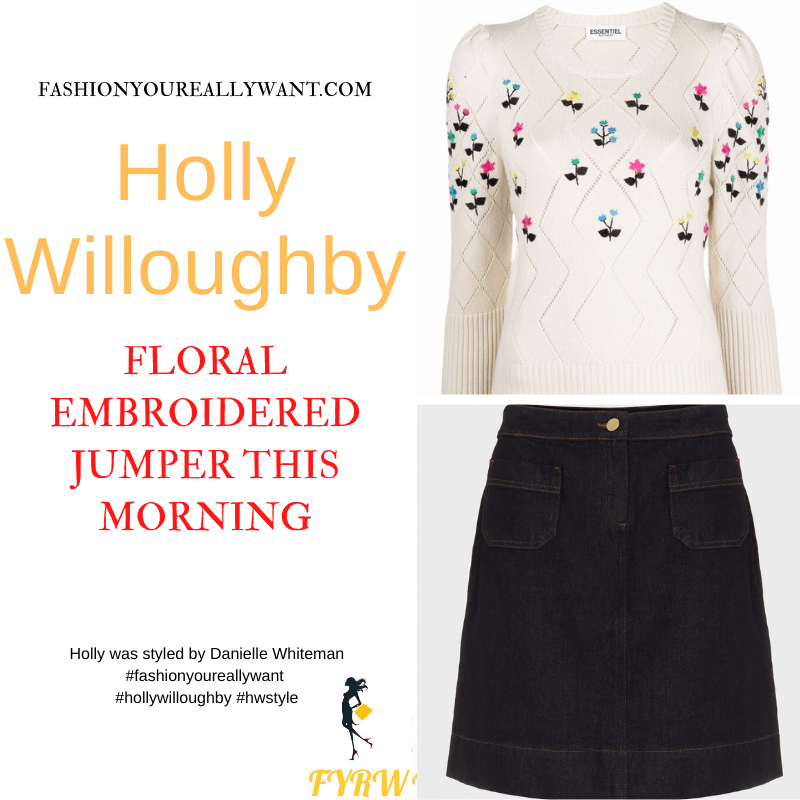 Where to get all Holly Willoughby This Morning outfits dresses blog October 2021 cream knit with embroidered flowers denim mini skirt burgundy plum ankle boots