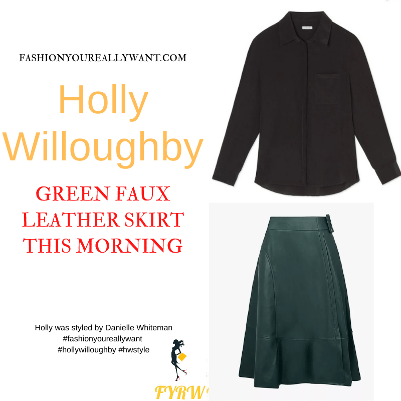 Where to get all Holly Willoughby This Morning outfits dresses blog October 2021 green faux leather midi skirt black silk shirt blacke suede court shoes