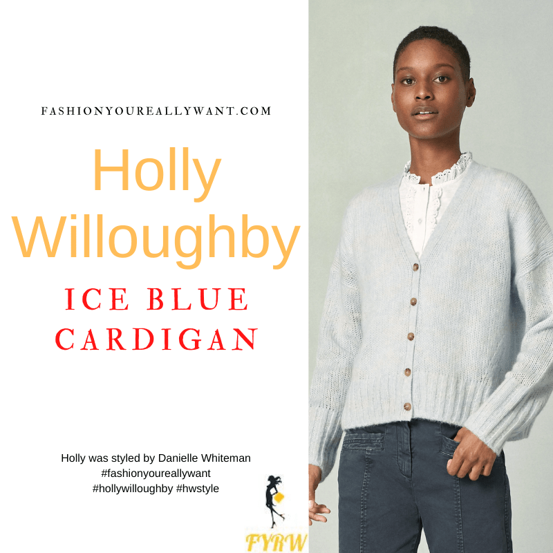 Where to get all Holly Willoughby outfits dresses blog October 2021 ice blue open stitch v neck cardigan Wylde Moon