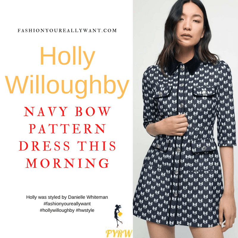 Where to get all Holly Willoughby This Morning outfits dresses blog October 2021 navy mini dress with buttons and bow pattern navy suede court shoes