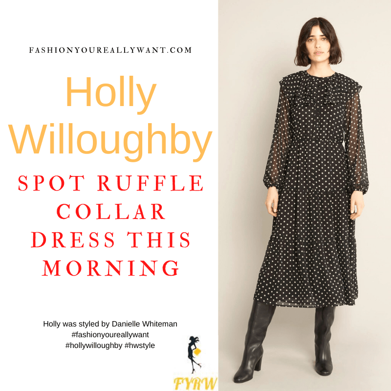 Where to get all Holly Willoughby This Morning outfits dresses blog October 2021 black and white spot ruffle midi dress black court shoes