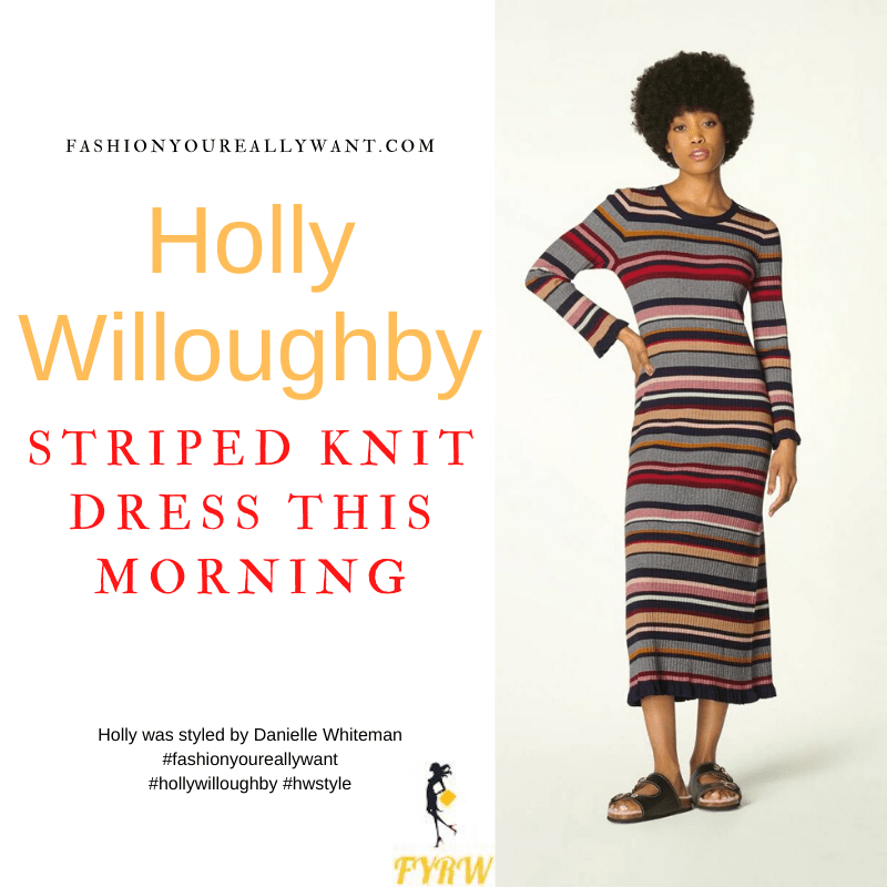 Where to get all Holly Willoughby This Morning outfits dresses blog October 2021 grey multi stripe knitted dress black suede court shoes
