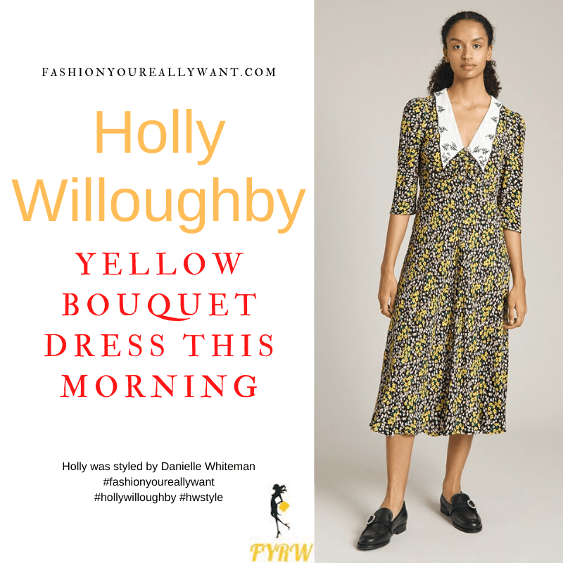 Where to get all Holly Willoughby This Morning outfits dresses blog October 2021 yellow and black floral midi dress with white collar black suede court shoes