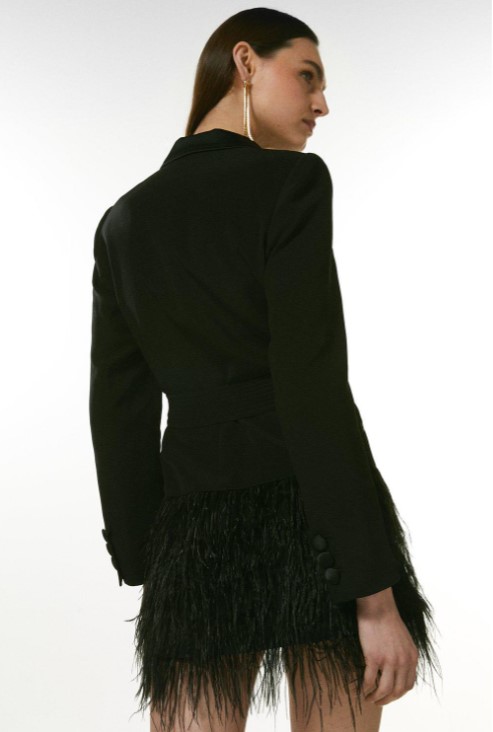 Karen Millen Viscose Satin Crepe Feather Hem Tux Dress back view