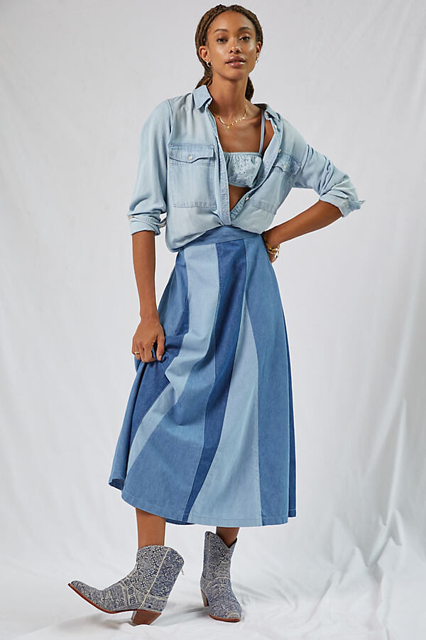 Love The Label Colourblocked Denim Midi Skirt