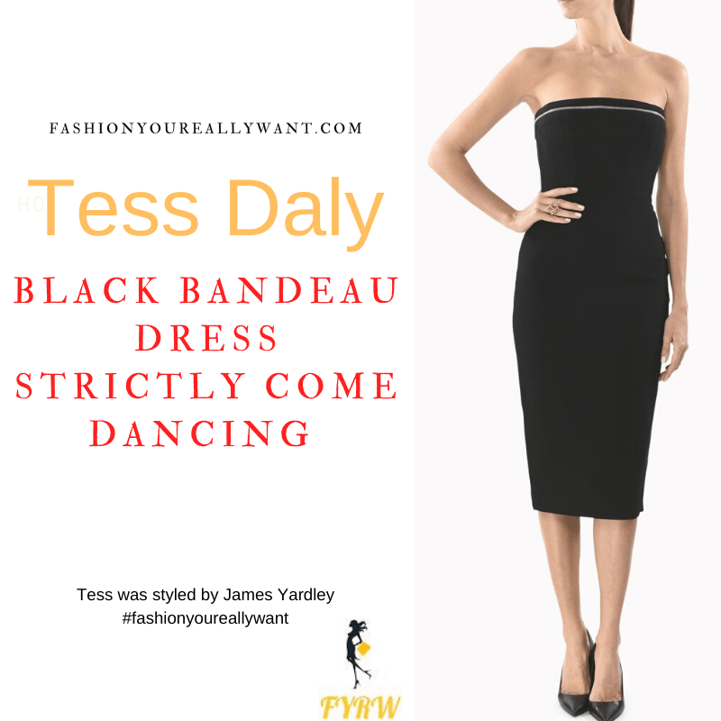 Tess Daly Strictly Come Dancing Week 5 Results October 2021 where to get her outfits black bandeau dress silver trim black sandals