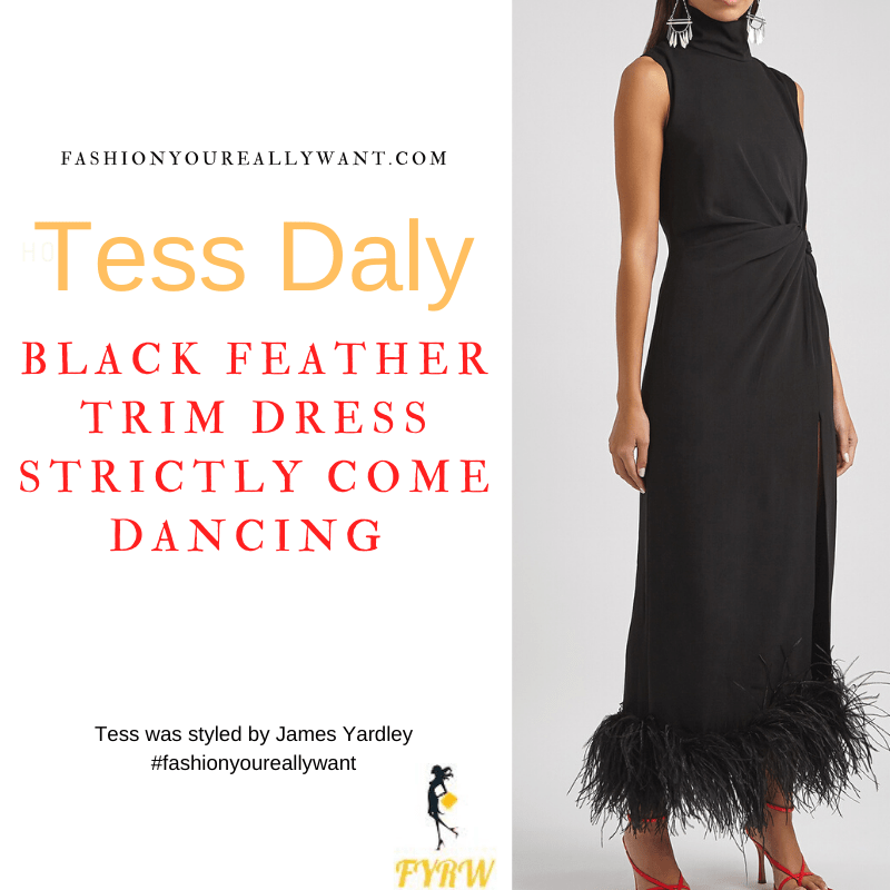 Tess Daly Wore This on Strictly Come Dancing Week 6 October 2021 where to get her outfits black sleeveles feather trim midi dress black sandals