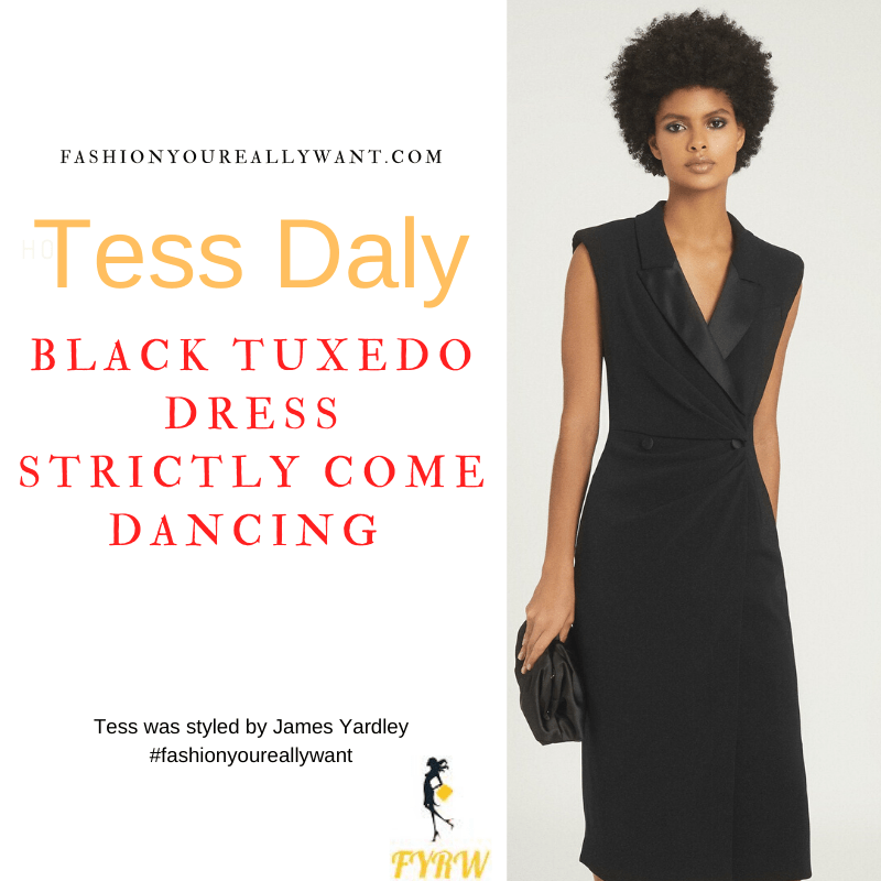 Tess Daly Strictly Come Dancing Week 3 Results October 2021 where to get her outfits black tuxedo midi dress nude sandals