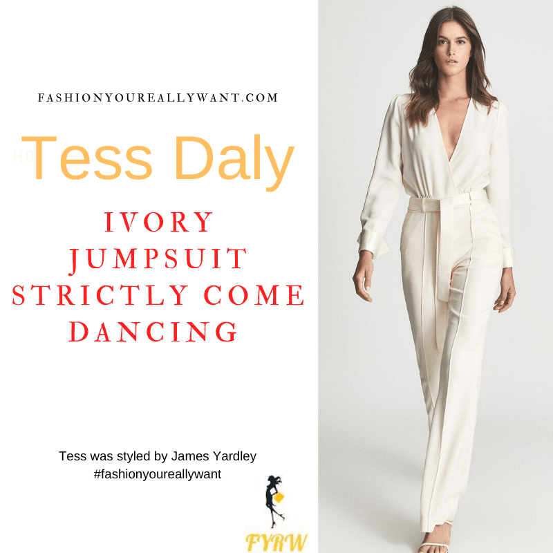Tess Daly Wore This on Strictly Come Dancing Week 2 Results October 2021 where to get her outfits white ivory wrap tux jumpsuit