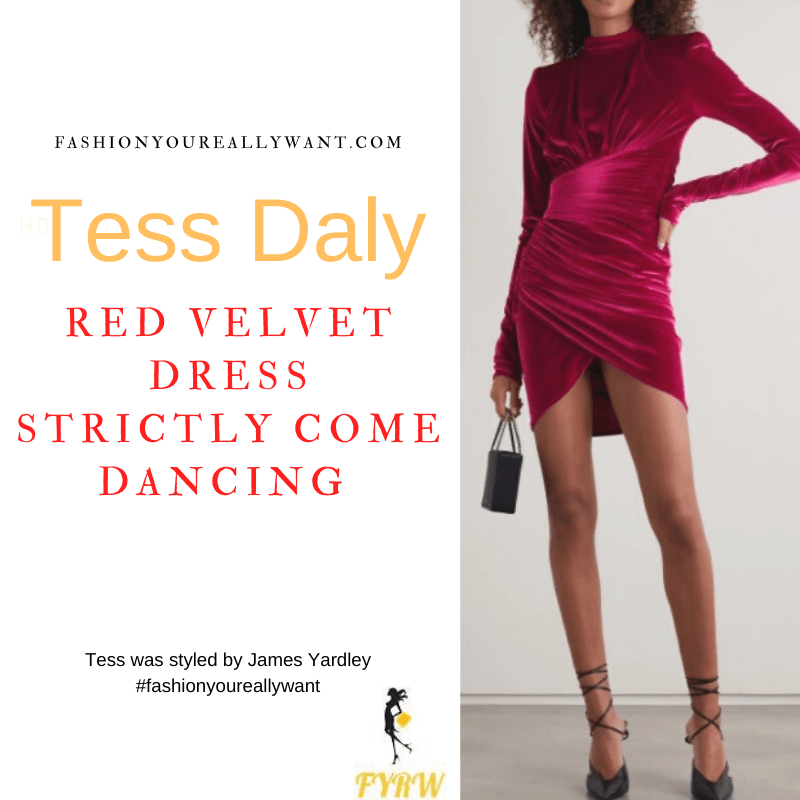 Tess Daly Strictly Come Dancing Week 4 October 2021 where to get her outfits red velvet draped mini dress red velvet sandals hoop earrings