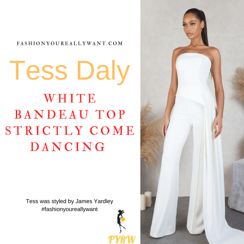 Tess Daly Strictly Come Dancing Week 4 Results October 2021 where to get her outfits white bandeau top with drape white flare trousers