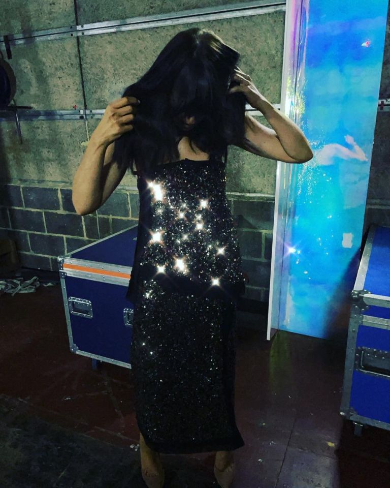 where to get all Claudia Winkleman Strictly outfits copper sequin top and skirt with black trim nuded suede court shoes 23 October 2021 Photo Claudia Winkleman